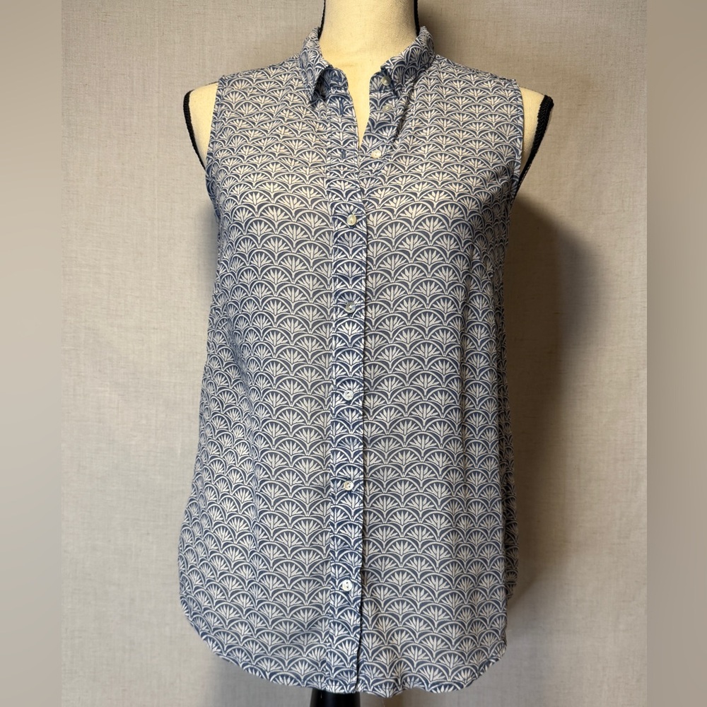 H&M Sheer Blue and White Patterned Button Down Shirt, Size 4